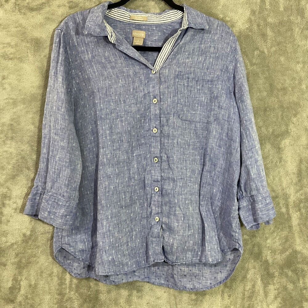 Chicos  FreshChic 100% Linen Button Up Blouse Top Women’s size 12/14 No Iron